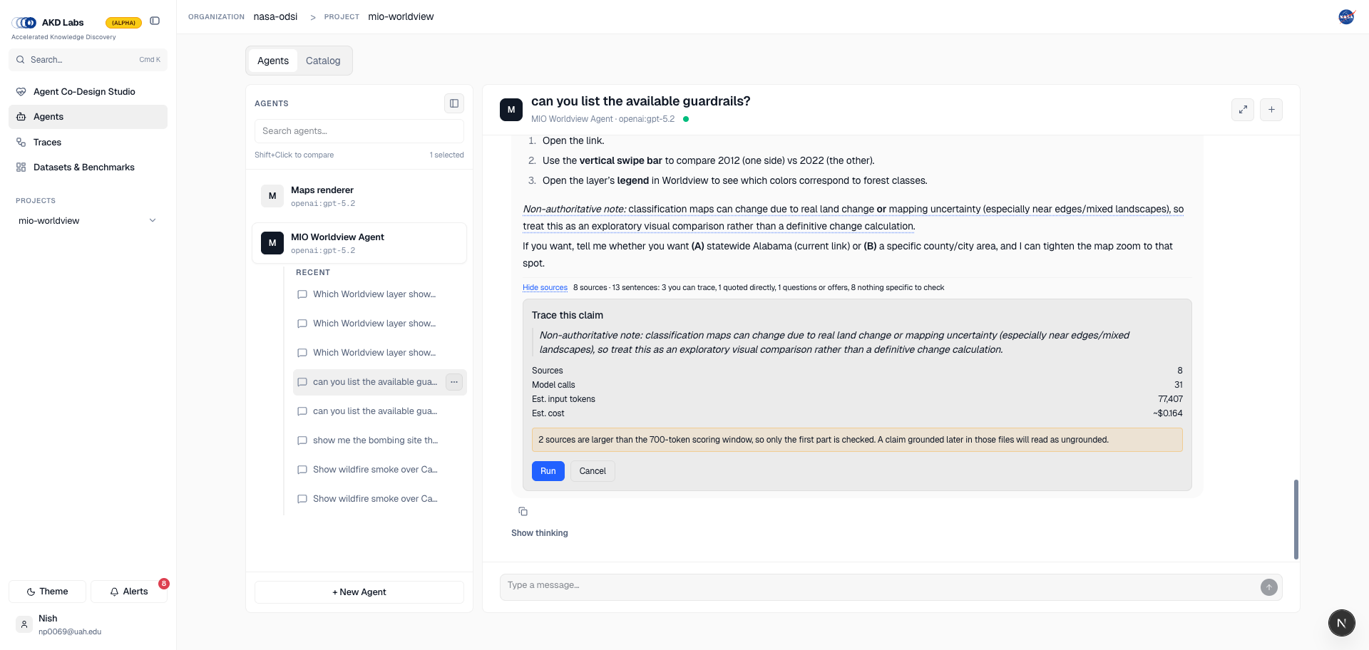 Cost gate showing 8 sources, 31 model calls, 77407 tokens, $0.164, and a truncation warning